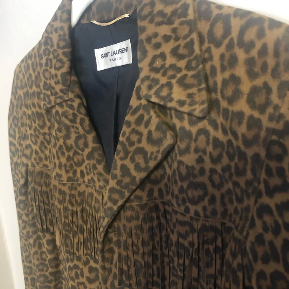 Saint Laurent Curtis Suede Fringe Jacket Leopard